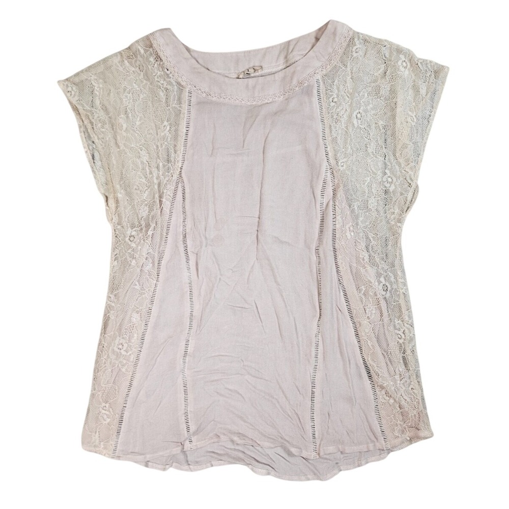 POL Top Womens Large Blush Pink Lace Cap Sleeve Knit Boho Blouse Feminine